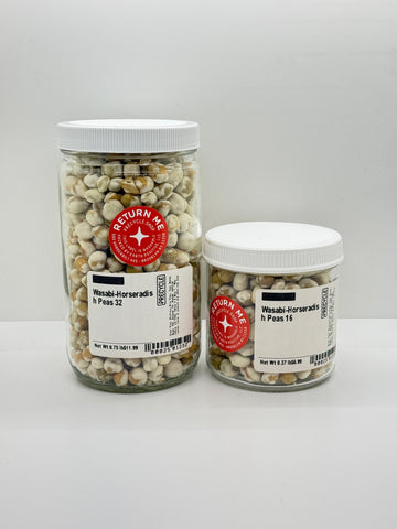 Two jars of Wasabi Horseradish Peas with labels on a white background