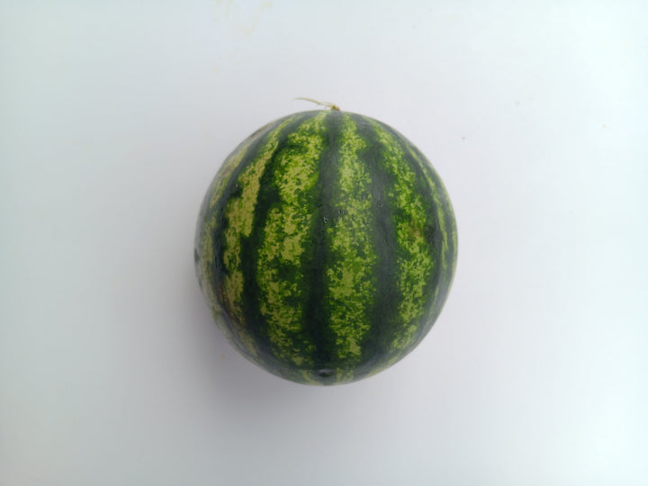 Small watermelon with green and black striped pattern on a white background