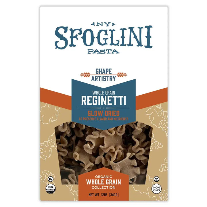 Sfooglini pasta packaging with 'Shape Artistry' and 'Whole Grain Reginetti' text on a white background