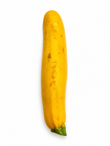 A single yellow zucchini with a small green stem, isolated on a plain white background.